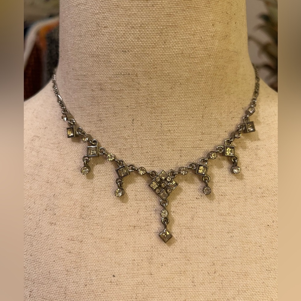 Vintage Silver Tone Necklace with Dangling Crystals